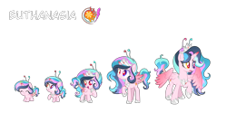 Size: 5000x2500 | Tagged: safe, artist:stellamoonshineyt, oc, oc:euthanasia, alicorn, hybrid, pony, age progression, antennae, baby, baby pony, base used, crown, female, filly, foal, folded wings, heterochromia, hoof shoes, interspecies offspring, jewelry, leonine tail, mare, offspring, parent:discord, parent:princess celestia, parents:dislestia, partially open wings, peytral, red pupils, regalia, simple background, spread wings, tail, teenager, transparent background, wings