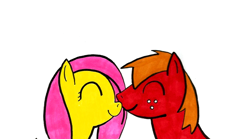 Size: 1080x600 | Tagged: safe, artist:ponyplays, edit, big macintosh, fluttershy, earth pony, pegasus, pony, g4, boop, cropped, eyes closed, female, male, noseboop, nuzzling, ship:fluttermac, shipping, simple background, smiling, stallion, straight, traditional art, white background