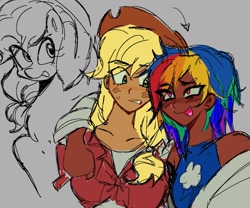 Size: 1724x1434 | Tagged: safe, artist:rxrywwi, applejack, pinkie pie, rainbow dash, human, pony, g4, blushing, eye clipping through hair, humanized, sketch, smiling, tongue out