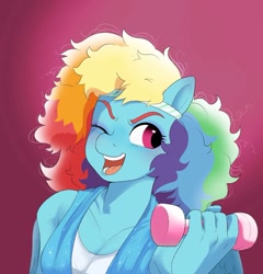 Size: 1051x1093 | Tagged: safe, artist:aztrial, rainbow dash, pegasus, anthro, g4, 80s, 80s hair, alternate hairstyle, clothes, cute, dashabetes, dumbbell (object), female, headband, olivia newton-john, one eye closed, open mouth, red background, simple background, solo, tank top, towel, weights, wink