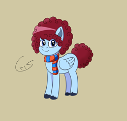 Size: 1708x1620 | Tagged: safe, artist:cristi444n, oc, oc only, oc:navy plight, pegasus, pony, blue eyes, clothes, curly hair, curly mane, curly tail, folded wings, full body, hooves, pegasus oc, quadrupedal, red hair, scarf, solo, standing, striped scarf, tail, wings