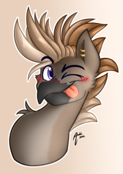 Size: 2894x4093 | Tagged: safe, artist:artsyambi, oc, oc:aeto, avian, bird, hippogriff, beak, blushing, bust, ear piercing, earring, hippogriff oc, jewelry, mohawk, one eye closed, piercing, solo, tongue out, wink