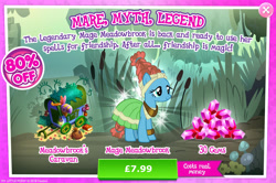 Size: 1961x1300 | Tagged: safe, gameloft, meadowbrook, g4, my little pony: magic princess, advertisement, bag, book, bush, caravan, clothes, costs real money, dress, english, female, gem, healer's mask, introduction card, mare, mask, mobile game, numbers, sale, solo, text