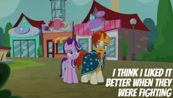 Size: 1920x1080 | Tagged: safe, edit, edited screencap, editor:quoterific, screencap, starlight glimmer, sunburst, pony, unicorn, g4, season 8, the parent map, beard, blaze (coat marking), cloak, clothes, coat markings, duo, duo male and female, facial hair, facial markings, female, frown, glasses, implied firelight, implied stellar flare, looking at each other, looking at someone, male, mare, messy mane, socks (coat markings), stallion, starlight glimmer is not amused, sunburst is not amused, sunburst's cloak, sunburst's glasses, unamused