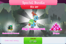 Size: 1264x856 | Tagged: safe, gameloft, meadowbrook, g4, my little pony: magic princess, bag, book, bundle, bush, caravan, clothes, costs real money, dress, english, female, gem, healer's mask, mare, mask, mobile game, numbers, sale, solo, text