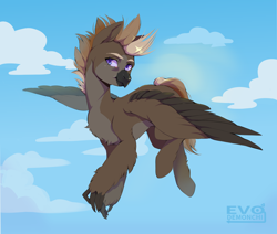 Size: 3300x2800 | Tagged: safe, artist:iivochka, oc, oc:aeto, hippogriff, beak, chest fluff, claws, cloud, colored belly, flying, gliding, high res, hippogriff oc, hooves, mohawk, pale belly, purple eyes, solo, stare