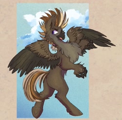 Size: 1560x1530 | Tagged: safe, artist:shockinglylazy, oc, oc:aeto, hippogriff, beak, butt, chest fluff, claws, ear fluff, fluffy, flying, hippogriff oc, mohawk, plot, solo