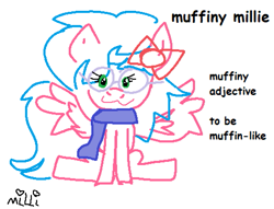 Size: 993x758 | Tagged: safe, artist:milliemuffins, oc, oc only, oc:muffiny millie, pegasus, pony, bow, clothes, female, glasses, hair bow, mare, ms paint, pegasus oc, round glasses, scarf, simple background, solo, white background