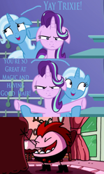 Size: 1280x2144 | Tagged: safe, edit, edited screencap, screencap, starlight glimmer, trixie, all bottled up, g4, floppy ears, kaput, kaput and zosky, meme, trixie's puppeteering