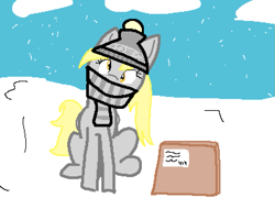 Size: 1185x852 | Tagged: safe, artist:milliemuffins, derpy hooves, pegasus, pony, g4, clothes, delivery, hat, package, scarf, snow, snowfall, solo, striped scarf, winter