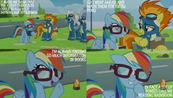 Size: 4400x2475 | Tagged: safe, edit, edited screencap, editor:quoterific, screencap, rainbow dash, spitfire, pegasus, pony, g4, newbie dash, book, clipboard, clothes, egghead dash, female, frown, glasses, grin, male, mare, meme, open mouth, open smile, reading, reading rainbow, smiling, spitfire is not amused, stallion, unamused, uniform, unimpressed, wavy mouth, wing hands, wings, wonderbolts uniform