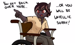 Size: 3000x1800 | Tagged: safe, artist:pony quarantine, oc, oc only, oc:chisel hammer, earth pony, anthro, dialogue, female, mare, pointing, pun, simple background, solo, wheelchair, white background