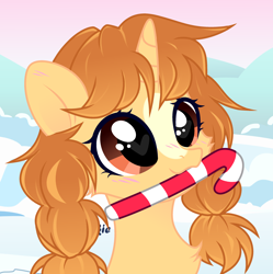 Size: 2842x2856 | Tagged: safe, artist:vi45, oc, oc only, oc:morning latte, pony, unicorn, behaving like a dog, blaze (coat marking), blushing, candy, candy cane, coat markings, cute, facial markings, female, food, heart, heart eyes, high res, horn, mare, mouth hold, pigtails, solo, unicorn oc, wingding eyes