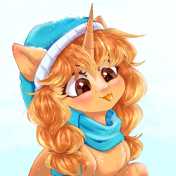 Size: 1900x1900 | Tagged: safe, artist:kawipie, oc, oc only, oc:morning latte, pony, unicorn, :p, clothes, cozy, cute, female, hat, horn, mare, pigtails, scarf, simple background, snow, snowfall, solo, tongue out, unicorn oc, white background