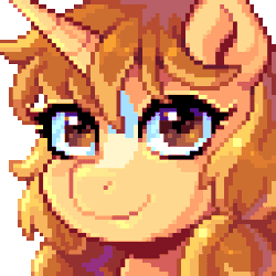 Size: 320x320 | Tagged: safe, artist:hikkage, oc, oc only, oc:morning latte, pony, unicorn, animated, blaze (coat marking), bust, coat markings, ear flick, facial markings, female, gif, horn, icon, looking at you, mare, pigtails, pixel art, portrait, simple background, smiling, solo, transparent background, unicorn oc