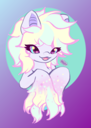 Size: 2038x2851 | Tagged: safe, artist:umbrapone, oc, oc only, oc:bass-beat, earth pony, pony, abstract background, bat ears, bust, earth pony oc, fangs, happy, high res, hooves, krita, multicolored mane, open mouth, solo, sparkly eyes, unshorn fetlocks