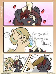 Size: 1000x1333 | Tagged: safe, artist:grithcourage, oc, oc:grith courage, oc:kappu kyrana, earth pony, pony, :3, ><, ahegao, bonk, comic, dialogue, earth pony oc, eyes closed, heart, heart eyes, holding, horny jail, meme, milk, not porn, open mouth, simple background, text, tongue out, tsundere, wingding eyes