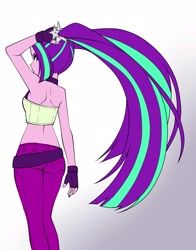 Size: 1800x2300 | Tagged: safe, artist:nekojackun, aria blaze, human, equestria girls, g4, arse-ia blaze, ass, backless, bare shoulders, butt, clothes, female, fingerless gloves, gloves, long hair, looking at you, looking back, looking back at you, midriff, pants, pigtails, rear view, simple background, sleeveless, solo, twintails, white background