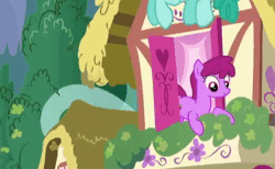 Size: 472x290 | Tagged: safe, screencap, berry punch, berryshine, spring melody, sprinkle medley, earth pony, pegasus, pony, g4, what about discord?, animated, bush, cute, female, mare, no sound, smiling, webm, window