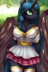 Size: 1024x1536 | Tagged: safe, editor:craft, machine learning assisted, purplesmart.ai, stable diffusion, queen chrysalis, changeling, changeling queen, anthro, breasts, busty queen chrysalis, clothes, dress, female, forest, schoolgirl, solo