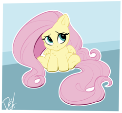 Size: 3198x2953 | Tagged: safe, artist:darkpandax, fluttershy, pegasus, pony, g4, chest fluff, chibi, cute, female, high res, long mane, long tail, looking away, looking up, outline, shy, shyabetes, sitting, smol, solo, spread wings, tail, white outline, wings