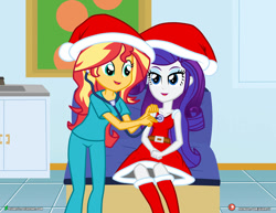 Size: 1017x786 | Tagged: safe, artist:dieart77, rarity, sunset shimmer, human, equestria girls, g4, checkup, christmas, clothes, costume, duo, duo female, exam room, female, hat, holiday, nurse, nurse shimmer, santa costume, santa hat, scrubs (gear), smiling, stethoscope