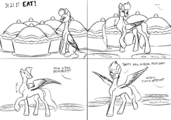 Size: 6054x4273 | Tagged: safe, artist:lightning bolty, zipp storm, pegasus, pony, g5, 4 panel comic, absurd resolution, cartoon physics, cheek bulge, comic, commission, commissioner:princess, concave belly, crumbs, digestion without weight gain, eating, eating contest, folded wings, food, giant food, gluttony, gulp, hammerspace, hammerspace belly, hoof fluff, licking, licking lips, monochrome, one eye closed, partially open wings, pie, plate, pumpkin pie, raised hoof, raised leg, short mane, showing off, sitting, sketch, slender, solo, spread wings, standing, sternocleidomastoid, stuffing, swallowing, talking, tall, that pony sure does love eating, that pony sure does love pies, thin, throat bulge, tongue out, unshorn fetlocks, wings, wink