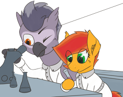 Size: 2805x2217 | Tagged: safe, artist:al solae, oc, oc only, oc:chemical function, oc:galileo, earth pony, griffon, pony, clothes, duo, earth pony oc, female, griffon oc, high res, lab, lab coat, mare, microscope, simple background, test tube, transparent background
