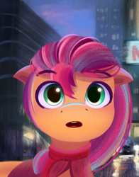Size: 1536x1955 | Tagged: safe, artist:nari_artsz, sunny starscout, earth pony, pony, g5, city, cute, floppy ears, looking at you, open mouth, solo, sunnybetes