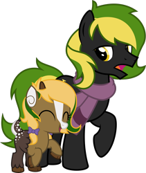 Size: 5000x5933 | Tagged: safe, artist:melisareb, oc, oc only, oc:vermont black, oc:vittaria black, deer, deer pony, earth pony, hybrid, original species, pony, 2023 community collab, derpibooru community collaboration, absurd resolution, antlers, clothes, deer oc, duo, earth pony oc, eyes closed, father and child, father and daughter, female, filly, foal, interspecies offspring, lidded eyes, male, offspring, open mouth, parent:oc:bada nevada, parent:oc:vermont black, parents:oc x oc, raised hoof, scarf, simple background, stallion, transparent background, vector