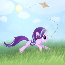 Size: 2000x2000 | Tagged: safe, artist:candy meow, starlight glimmer, pony, unicorn, g4, :d, cloud, cloudy, cute, featured image, female, glimmerbetes, glowing, glowing horn, grass, grass field, high res, horn, kite, magic, mare, open mouth, open smile, running, smiling, solo, sweet dreams fuel, telekinesis, that pony sure does love kites
