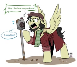 Size: 1125x987 | Tagged: safe, artist:redxbacon, pegasus, pony, clothes, dialogue, fallout, fallout 4, fanart, hat, piper wright, scarf, simple background, solo, spread wings, standing, striped scarf, white background, wings