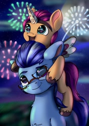 Size: 848x1200 | Tagged: safe, artist:playful wings, argyle starshine, sunny starscout, earth pony, pony, g5, cute, fake horn, fake wings, father and child, father and daughter, female, filly, filly sunny starscout, fireworks, foal, glasses, male, piggyback ride, ponies riding ponies, riding, sunnybetes, younger