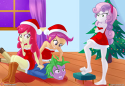 Size: 2000x1373 | Tagged: safe, artist:dieart77, apple bloom, scootaloo, spike, sweetie belle, human, equestria girls, g4, barefoot, breasts, christmas, commission, cutie mark crusaders, feet, female, foot tapping, gritted teeth, hat, holiday, human spike, humanized, male, older, restrained, santa hat, sitting on person, tapping, teeth
