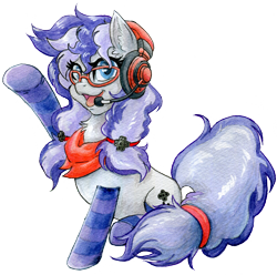 Size: 3640x3612 | Tagged: safe, artist:invalid-david, oc, oc only, oc:cinnabyte, earth pony, pony, 2023 community collab, derpibooru community collaboration, clothes, earth pony oc, female, gaming headset, glasses, headset, high res, mare, open mouth, open smile, raised hoof, simple background, sitting, smiling, socks, solo, striped socks, traditional art, transparent background, watercolor painting