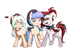 Size: 4093x2894 | Tagged: safe, artist:dundundun, oc, oc only, unnamed oc, earth pony, pony, 2023 community collab, derpibooru community collaboration, earth pony oc, eyebrows, eyebrows visible through hair, hat, high res, looking at you, one eye closed, open mouth, open smile, raised hoof, simple background, smiling, smiling at you, transparent background, trio, wink, winking at you