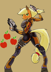 Size: 1357x1919 | Tagged: safe, artist:artsybeowulf, applejack, earth pony, anthro, unguligrade anthro, g4, applebutt, armor, ashley williams, ass, breasts, busty applejack, butt, crossover, looking at you, looking back, looking back at you, mass effect, power armor, solo, weapon