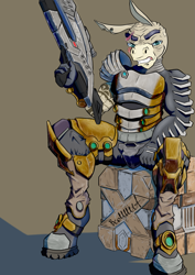 Size: 1357x1919 | Tagged: safe, artist:artsybeowulf, cranky doodle donkey, donkey, anthro, unguligrade anthro, g4, armor, crossover, mass effect, power armor, solo, weapon, zaeed massani