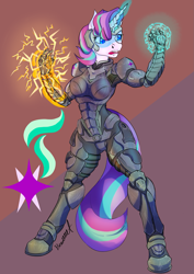 Size: 1357x1919 | Tagged: safe, artist:artsybeowulf, starlight glimmer, unicorn, anthro, unguligrade anthro, g4, armor, commander shepard, crossover, magic, mass effect, power armor, solo