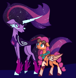 Size: 503x513 | Tagged: safe, artist:butterfly-mak, sunny starscout, twilight sparkle, alicorn, earth pony, pony, g5, alternate universe, artificial wings, augmented, coat markings, duo, female, goggles, goggles on head, height difference, looking at each other, looking at someone, mare, mechanical wing, midnight sparkle, raised hoof, socks (coat markings), sunny and her heroine, twilight sparkle (alicorn), wings