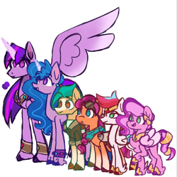 Size: 602x600 | Tagged: safe, artist:butterfly-mak, hitch trailblazer, izzy moonbow, pipp petals, sunny starscout, twilight sparkle, zipp storm, alicorn, earth pony, pegasus, pony, unicorn, g5, alternate universe, artificial wings, augmented, bandana, blaze (coat marking), braid, clothes, coat markings, colored hooves, colored horn, colored wings, facial markings, feathered fetlocks, female, goggles, goggles on head, height difference, horn, izzy is tol, jewelry, leg bracelet, looking forward, male, mane five, mare, mechanical wing, no pupils, older, older twilight, peytral, physique difference, pipp is short, simple background, size comparison, slender, socks (coat markings), spread wings, stallion, sunny and her heroine, tall, thin, twilight sparkle (alicorn), unshorn fetlocks, wall of tags, white background, wings, wreath