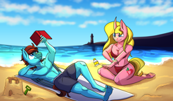 Size: 3200x1870 | Tagged: safe, artist:littletigressda, oc, pegasus, unicorn, anthro, plantigrade anthro, beach, bikini, bikini bottom, bikini top, book, bottle, breasts, clothes, cloud, commission, complex background, curved horn, digital art, duo, duo male and female, female, horn, lighthouse, lying down, male, ocean, partial nudity, pegasus oc, relaxing, sandcastle, shading, shore, shovel, sunny day, sunscreen, swimsuit, topless, towel, unicorn oc, water, wholesome
