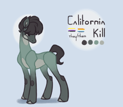 Size: 920x800 | Tagged: safe, artist:frostedsoul, derpibooru exclusive, oc, oc only, oc:california kill, earth pony, pony, aroace pride flag, concave belly, nonbinary pride flag, ponysona, pride, pride flag, reference sheet, slender, solo, thin
