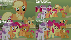 Size: 4400x2475 | Tagged: safe, edit, edited screencap, editor:quoterific, screencap, apple bloom, applejack, babs seed, scootaloo, sweetie belle, earth pony, pegasus, pony, unicorn, g4, one bad apple, apple bloom's bow, applejack's hat, bow, cowboy hat, cutie mark crusaders, female, filly, foal, freckles, frown, group, hair bow, hat, looking at each other, looking at someone, mare, open mouth, open smile, quintet, remorse, smiling