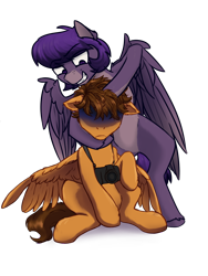 Size: 3000x4000 | Tagged: safe, artist:loonya, artist:toanderic, oc, oc only, oc:bloonya, oc:toanderic, pegasus, pony, 2023 community collab, derpibooru community collaboration, bipedal, camera, coat markings, collaboration, duo, facial markings, featureless crotch, grin, hidden eyes, high res, looking down, markings, noogie, pale belly, pegasus oc, simple background, sitting, smiling, snip (coat marking), transparent background, wings