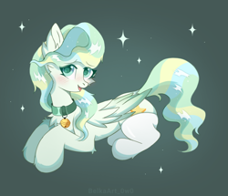 Size: 1744x1500 | Tagged: safe, artist:belkaart0w0, vapor trail, pegasus, pony, g4, blushing, chest fluff, clothes, collar, cute, ear fluff, female, green background, lying down, mare, open mouth, prone, simple background, socks, solo, stars, stockings, thigh highs, vaporbetes