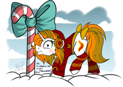 Size: 4093x2894 | Tagged: safe, artist:julunis14, oc, oc only, oc:aurora shinespark, pony, unicorn, blushing, bow, candy, candy cane, clothes, cloud, commission, dialogue, earmuffs, embarrassed, female, food, hat, horn, leg warmers, mare, scarf, signature, silly, silly pony, snow, sweater, tail, tail bow, tongue out, tongue stuck to pole, unicorn oc, your character here