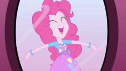 Size: 3072x1727 | Tagged: safe, screencap, pinkie pie, human, equestria girls, g4, my little pony equestria girls, ^^, clothes, cute, cutie mark on clothes, diapinkes, eyes closed, female, mirror, open mouth, open smile, reflection, smiling, solo