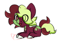 Size: 404x286 | Tagged: safe, artist:butterfly-mak, oc, oc only, oc:harlequin apple, earth pony, pony, :p, appaloosa, blank flank, coat markings, colored hooves, colt, earth pony oc, eye clipping through hair, foal, lying down, male, no pupils, prone, simple background, solo, tongue out, white background