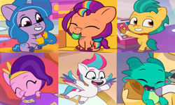 Size: 1152x694 | Tagged: safe, edit, edited screencap, screencap, hitch trailblazer, izzy moonbow, pipp petals, sparky sparkeroni, sunny starscout, zipp storm, dragon, earth pony, pegasus, pony, unicorn, dragon dad, g5, making a foal of me, making a meal of it, my little pony: tell your tale, zipp's flight school, spoiler:g5, spoiler:my little pony: tell your tale, spoiler:tyts01e02, spoiler:tyts01e15, spoiler:tyts01e29, spoiler:tyts01e35, baby, baby dragon, baby pony, colt, colt hitch trailblazer, female, filly, filly izzy moonbow, filly pipp petals, filly sunny starscout, filly zipp storm, foal, male, mane five, mane stripe sunny, younger